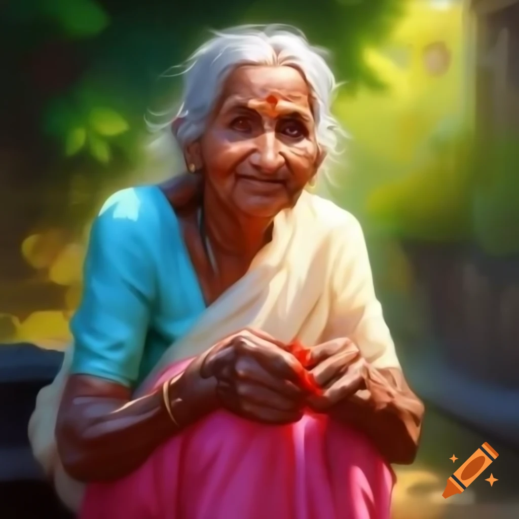 Watercolor painting of elderly Indian woman in village garden