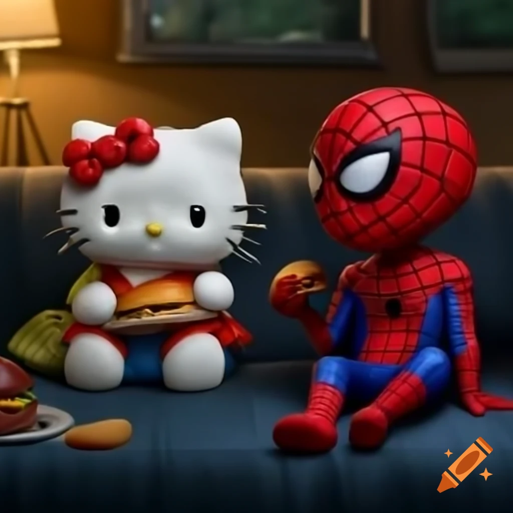 Hello Kitty and Spiderman sitting on a couch enjoying In-N-Out Burger