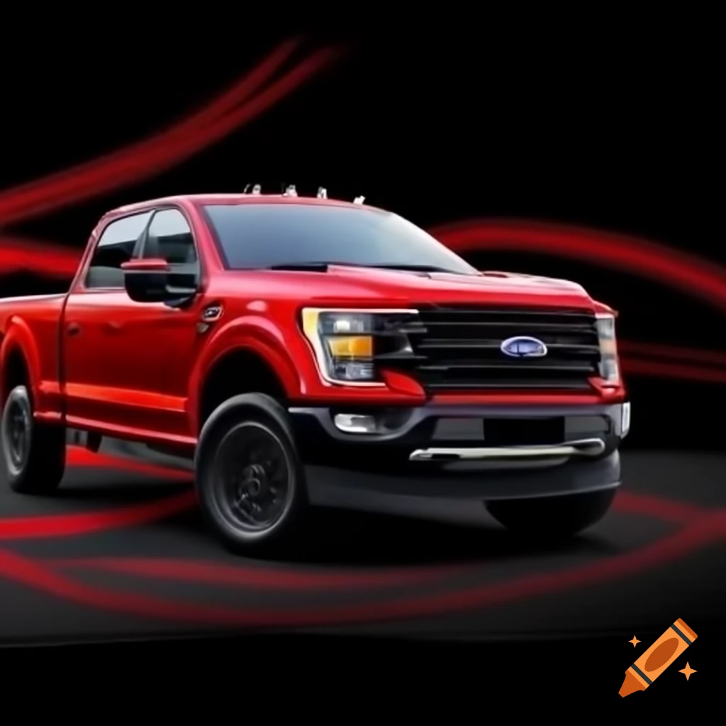 Red ford f 150 3 5l against a black background on craiyon