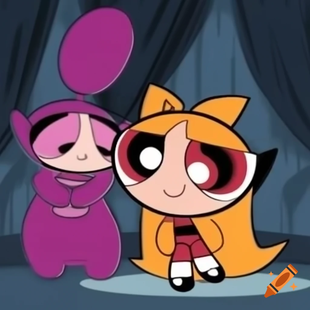 Cartoon scene featuring Queen Vampire Alien Adelline and Tinky Winky Teletubby