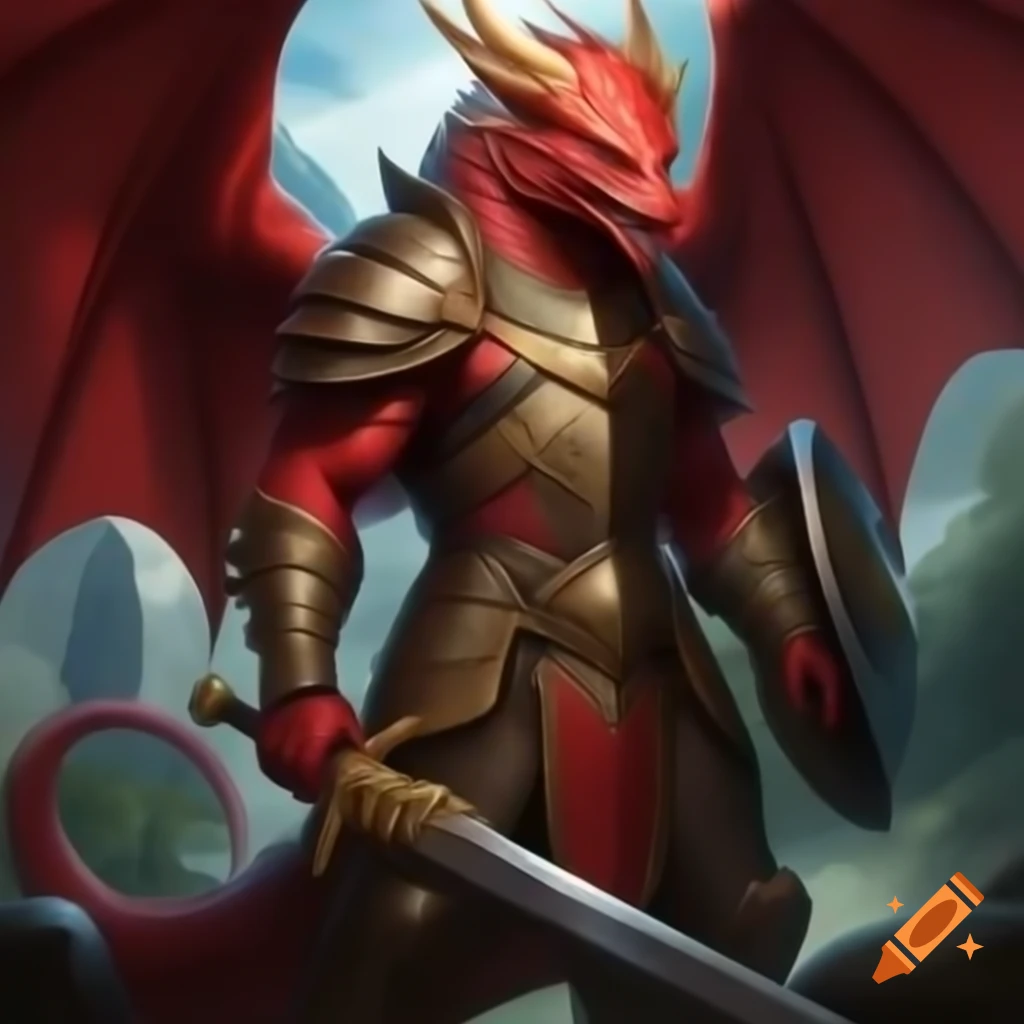 Red humanoid winged wyvern warrior in scale-mail armor wielding a large sword