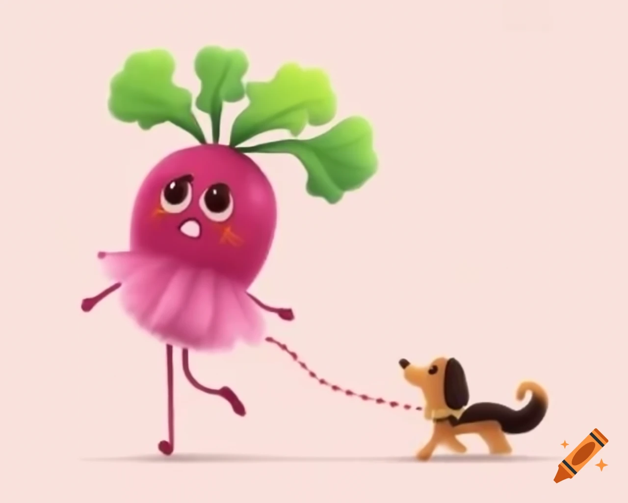 Baby daikon radish in a tutu walking a dog, whimsical illustration