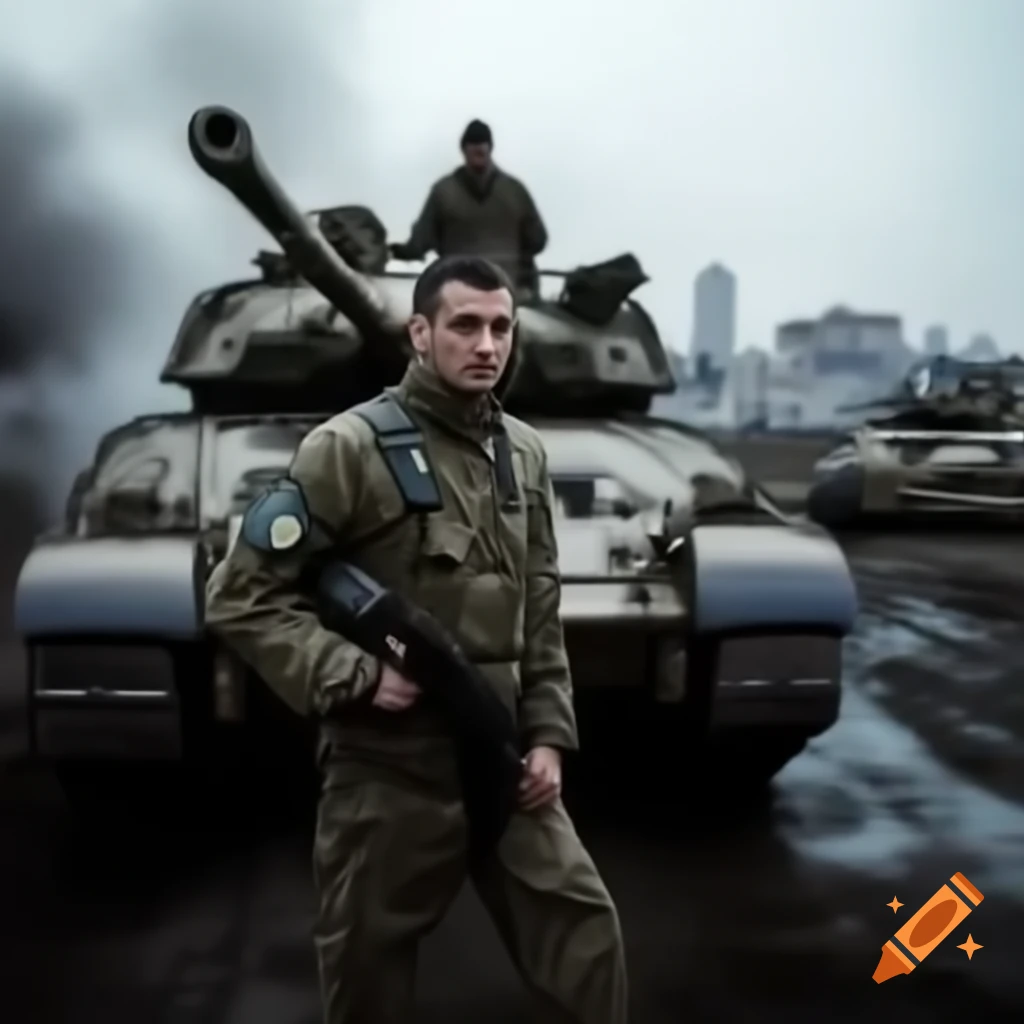 90s Bosnian soldier standing in front of tank with battlefield and city background