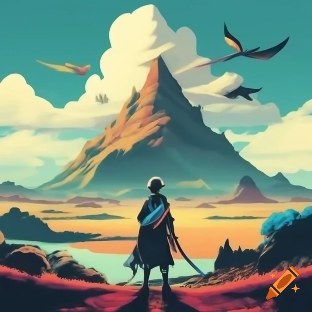 Minimalist retro style heroic character with sword facing mountain landscape and flying dragon
