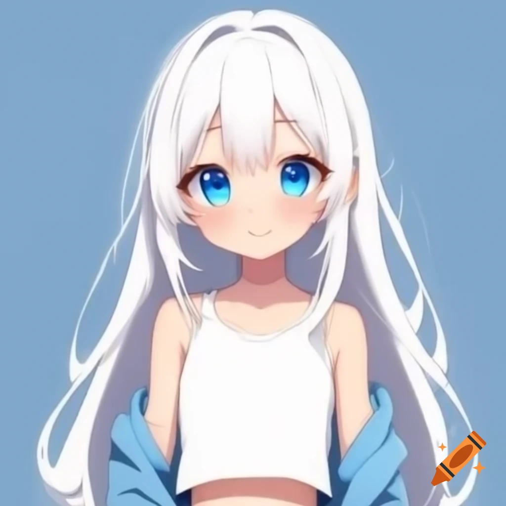 Anime girl with blue eyes and long brown hair in crop top and blue jeans