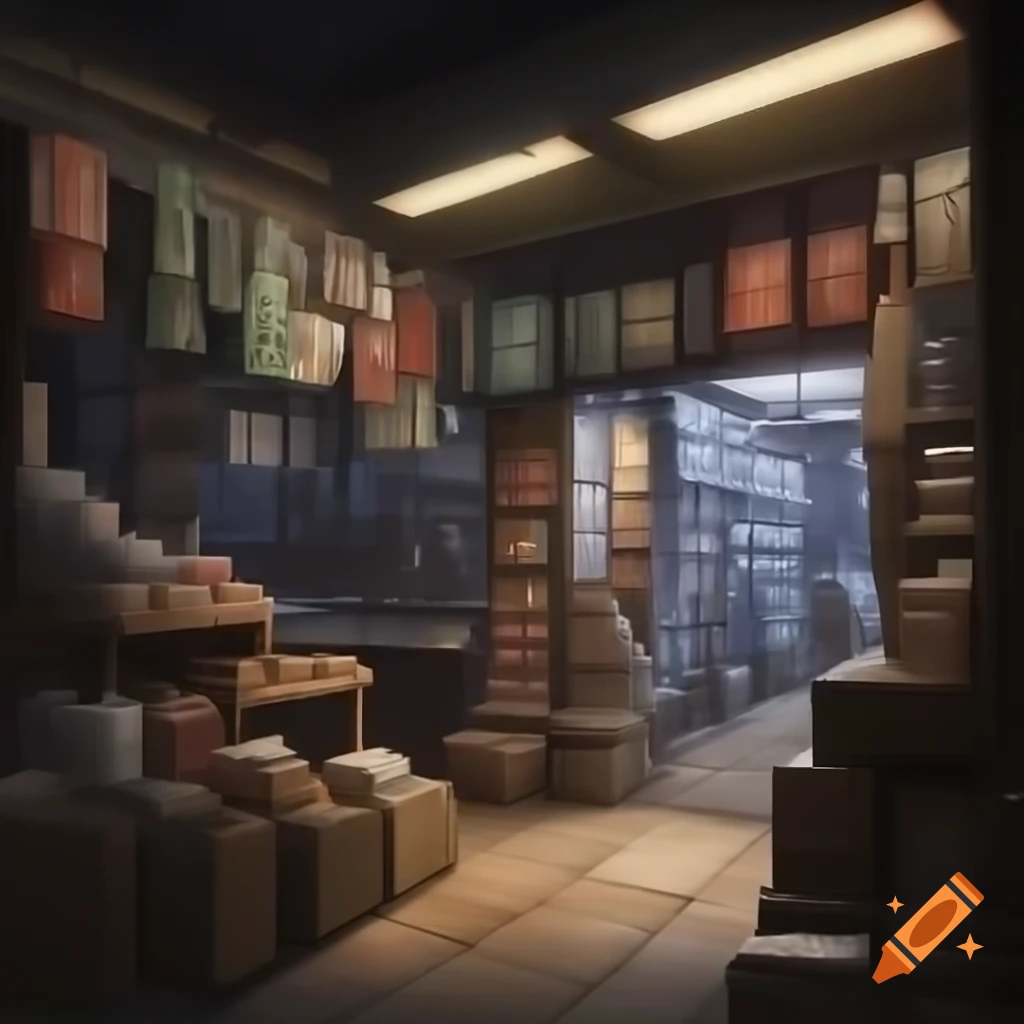 Interior of middle eastern bazaar depicted in anime battle style