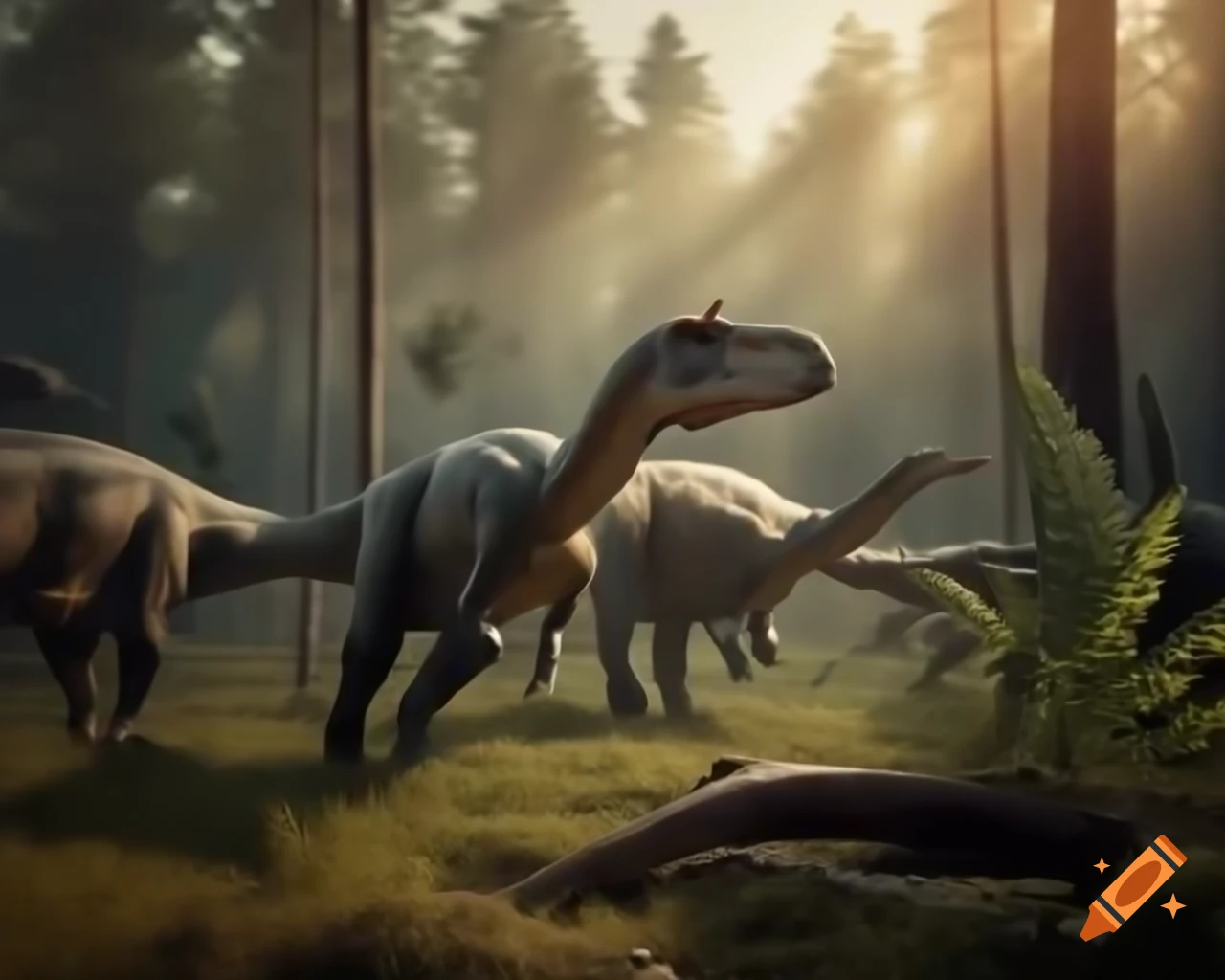 Hadrosaurus dinosaurs in prehistoric prairie with ferns and fallen branches