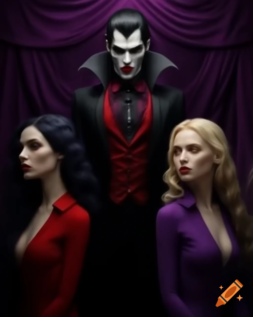 Black-haired male vampire with purple-haired and blonde women, hyper-realistic style