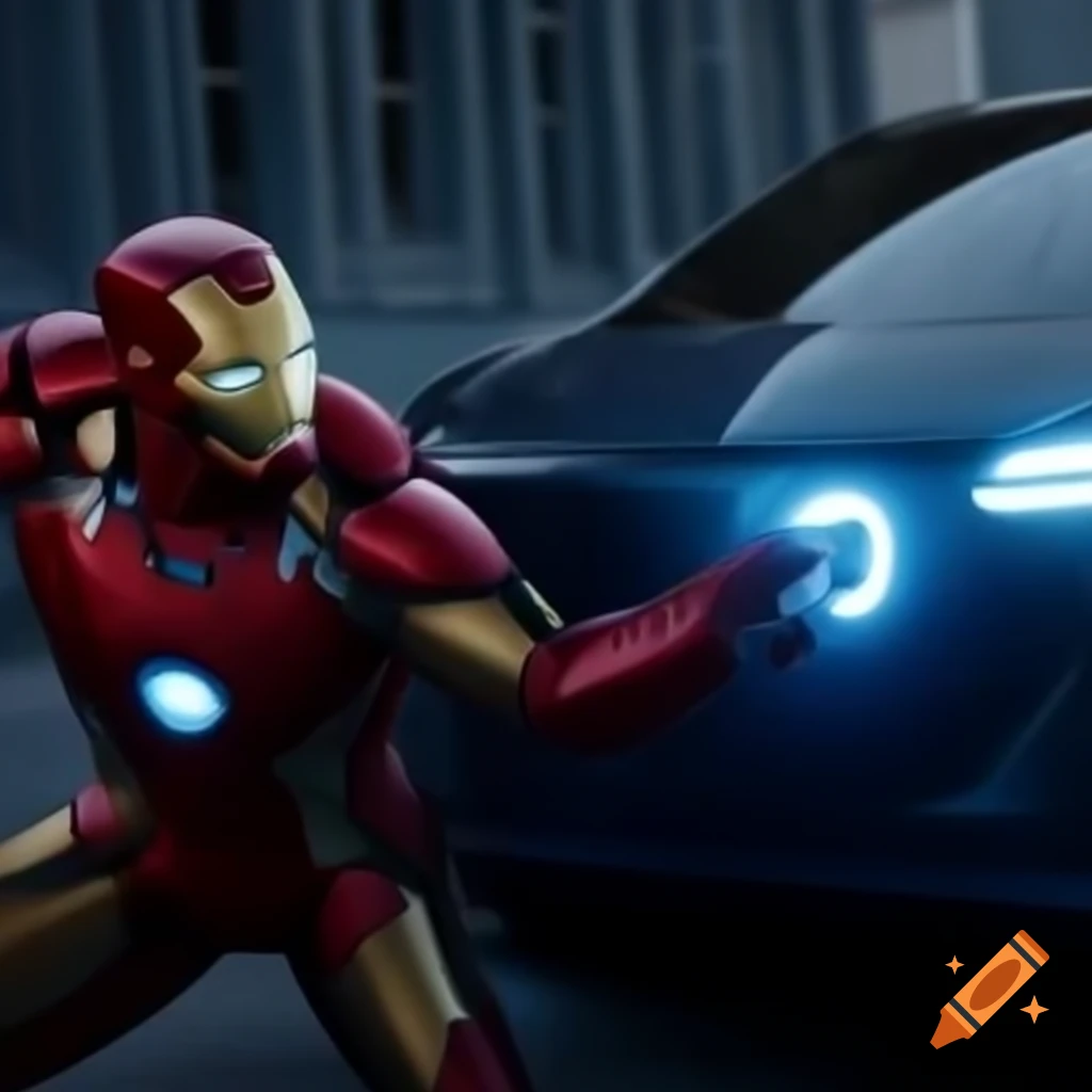 Iron Man character plugged into electric vehicle