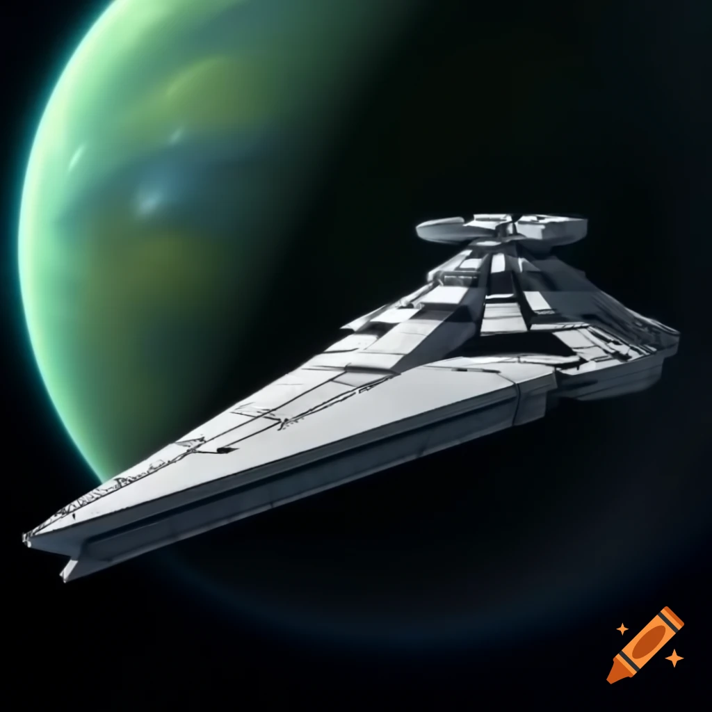 Highly realistic Star Destroyer from Star Wars in space with a green planet