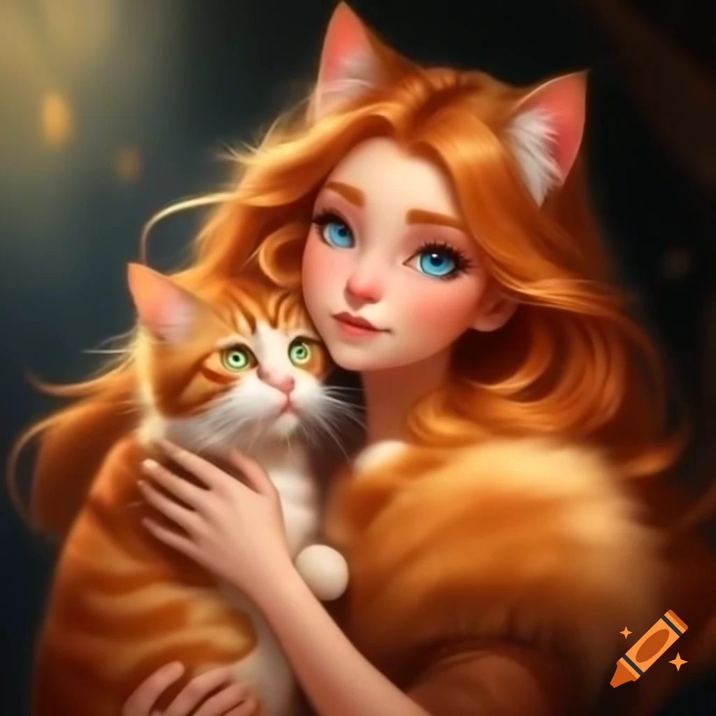 Ginger-haired woman holding ginger cat with golden eyes, showcasing friendship