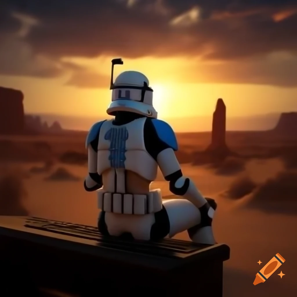 Storm trooper sitting on bench in Tatooine watching sunset, high angle shot
