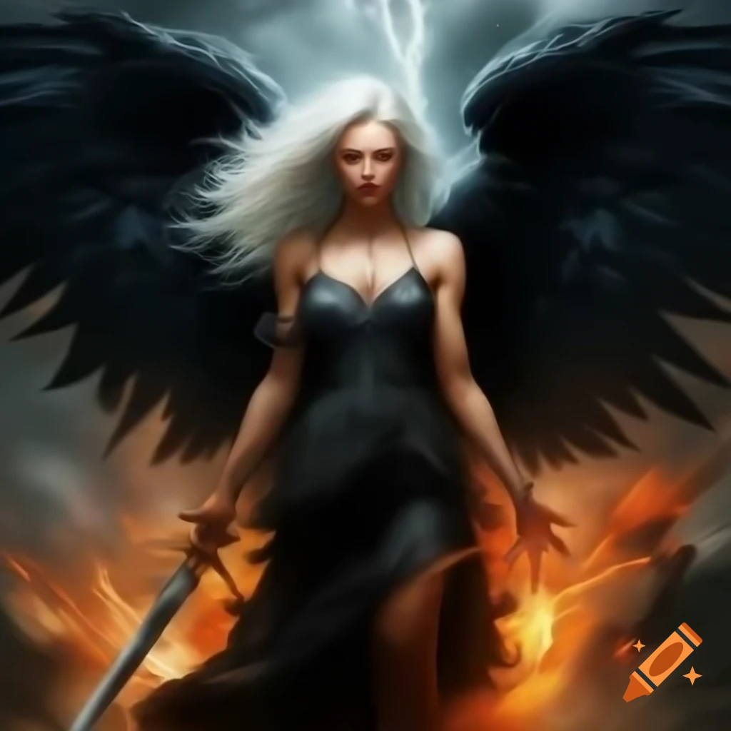 Angry woman with long white hair and black wings tinged with fire