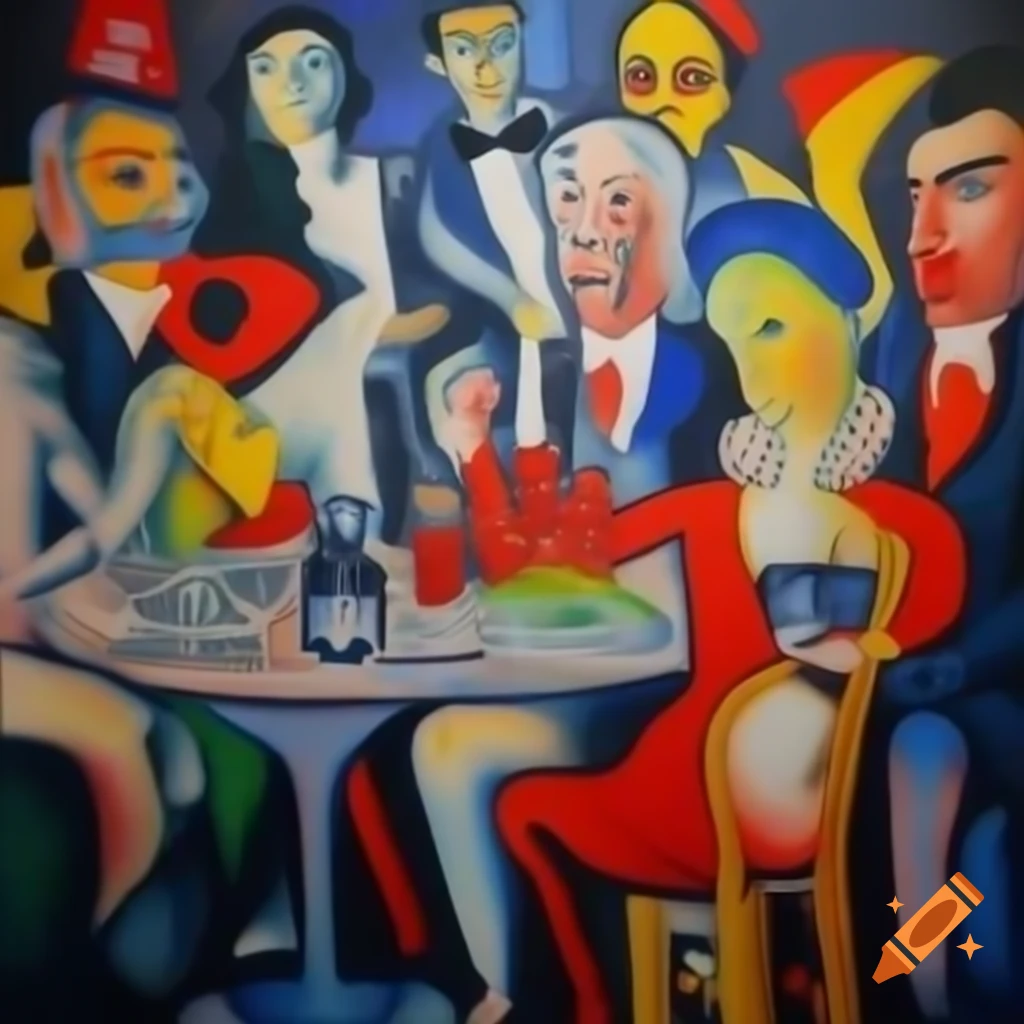 Disco party-themed painting in the style of Paolo Uccello or Pablo Picasso