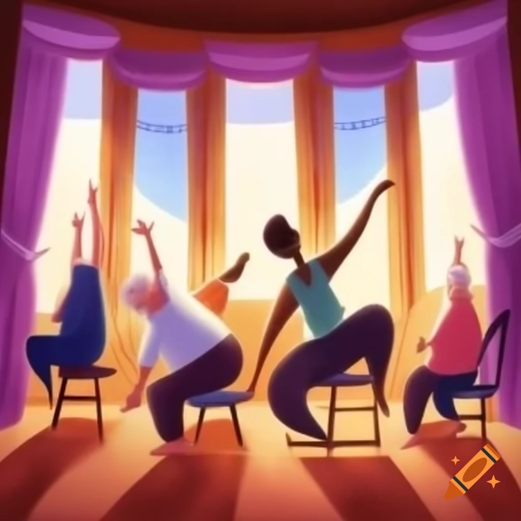 Abstract painting of seniors practicing yoga on chairs in a large room with curtains