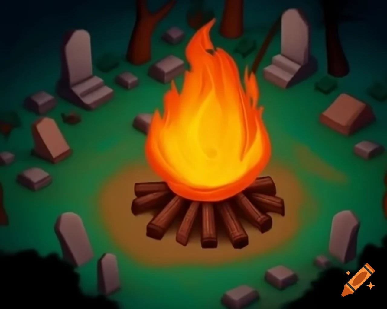 Large bonfire in graveyard depicted in video game style