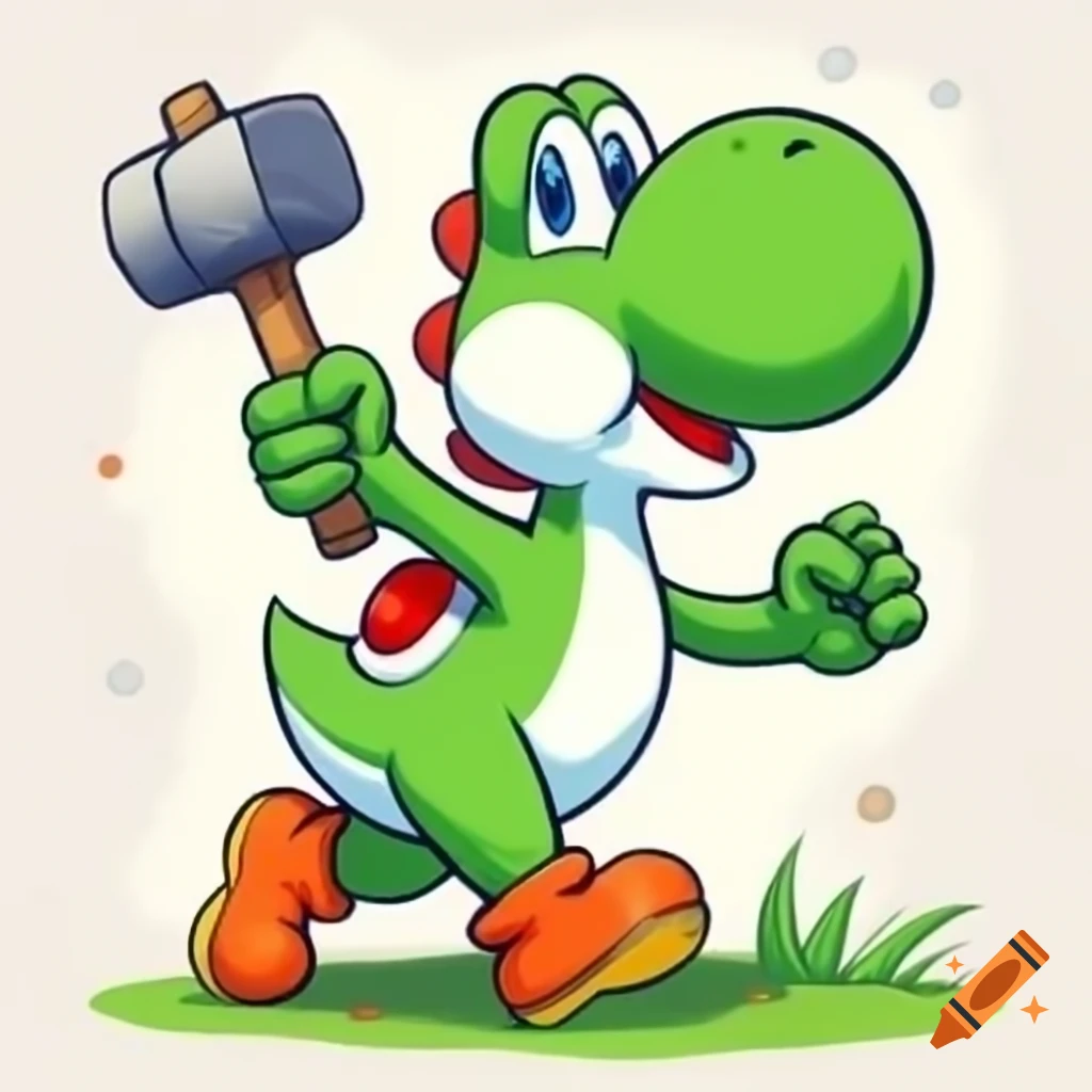 Yoshi from Mario holding a hammer in a cartoon style