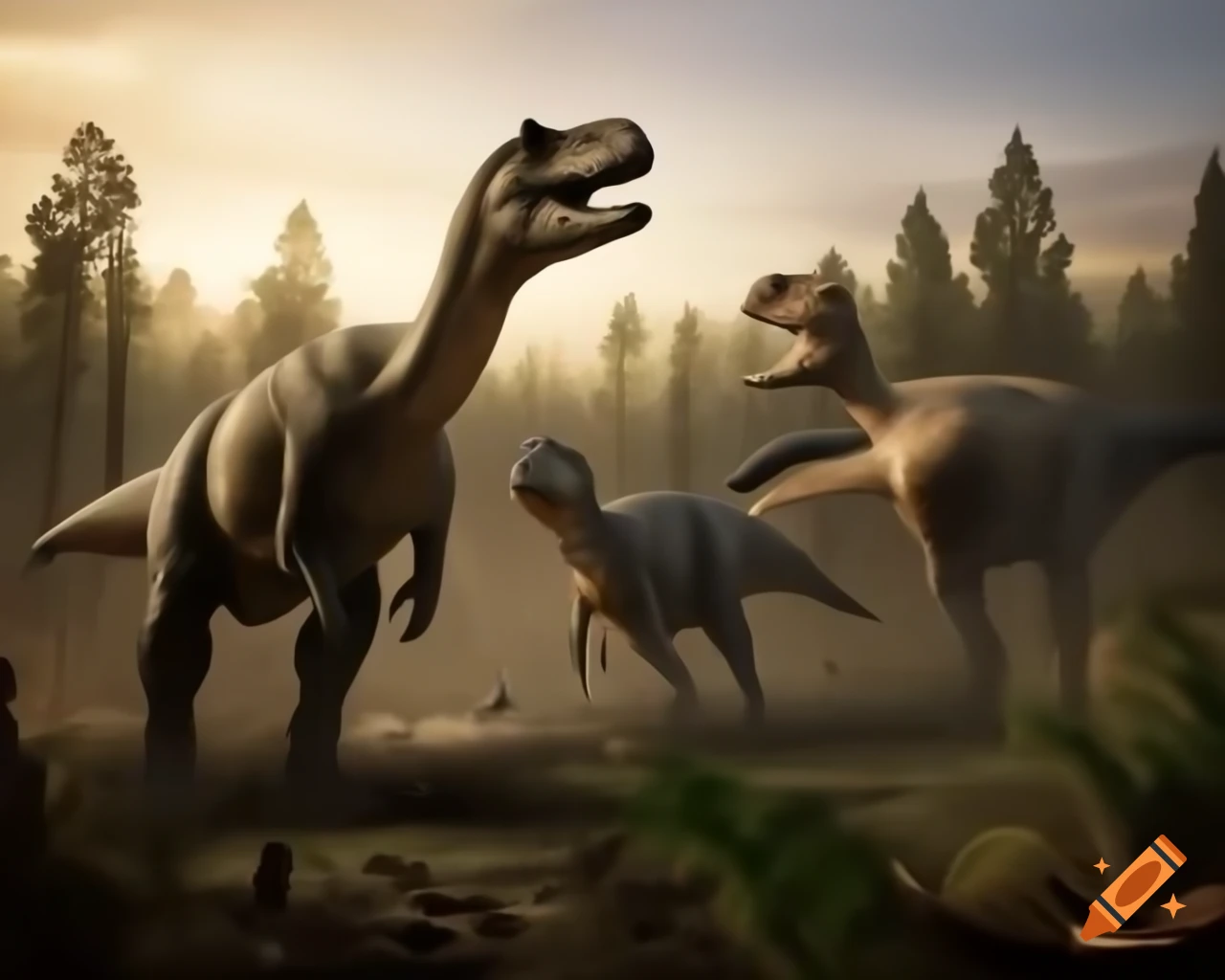 Hadrosaurus dinosaurs in prehistoric prairie with ferns and fallen branches