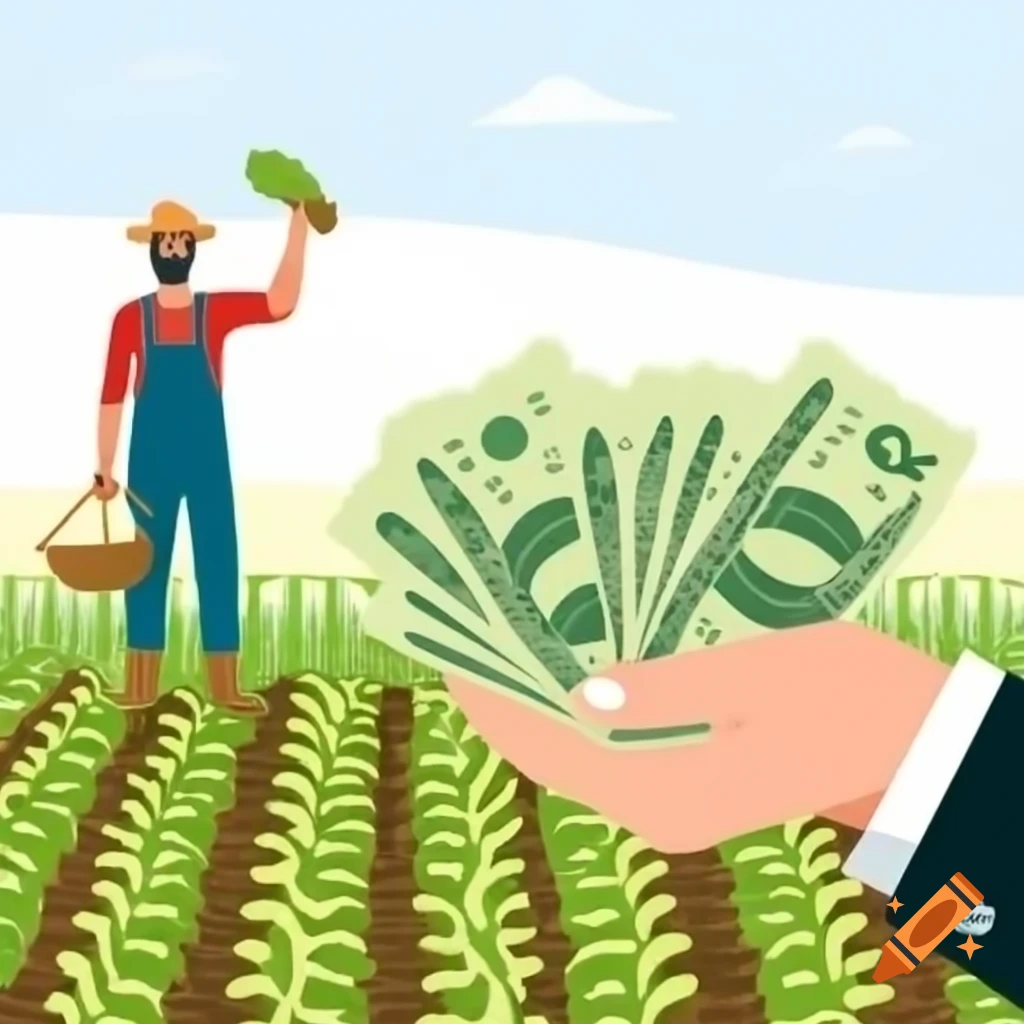 Government official giving money to farmer in front of crop field