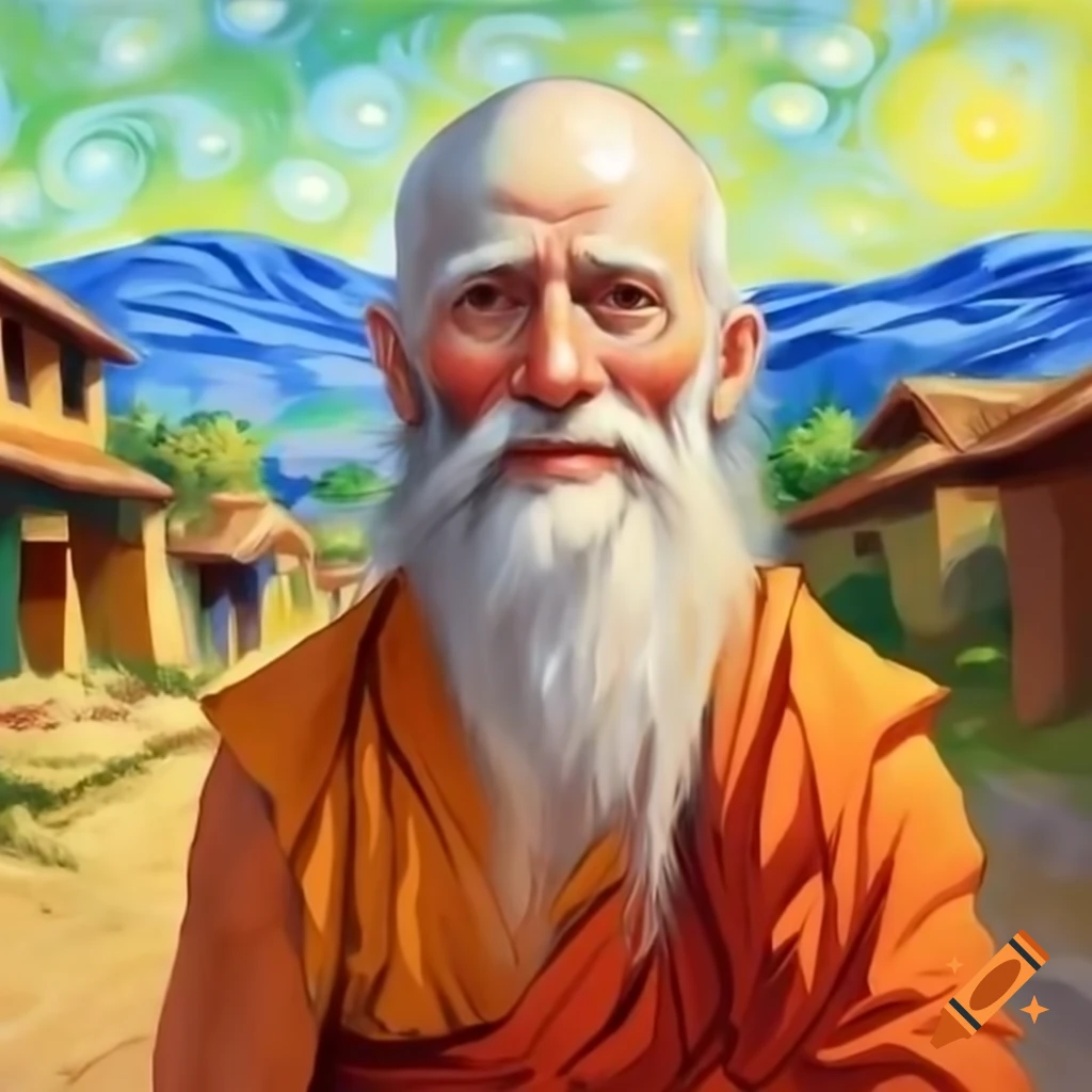 Vincent Van Gogh painting of a happy smiling Buddhist monk in a village