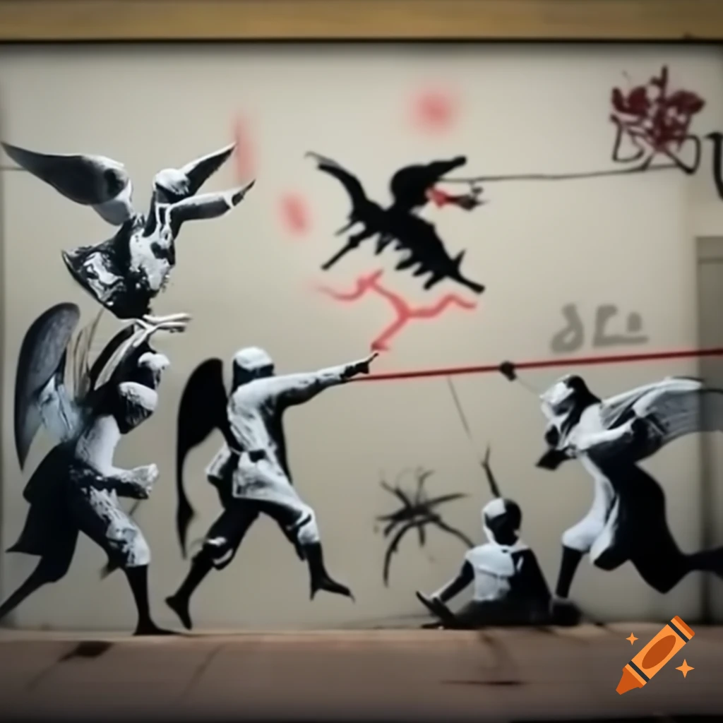 Graffiti depicting battle between angels and demons in Banksy style