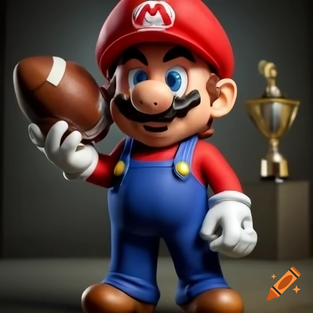 Realistic depiction of Super Mario as an American football player celebrating with trophy