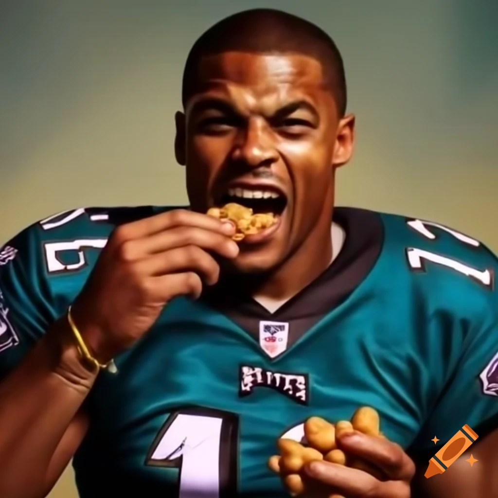 Saquon barkley in eagles jersey enjoying peanuts realistic depiction