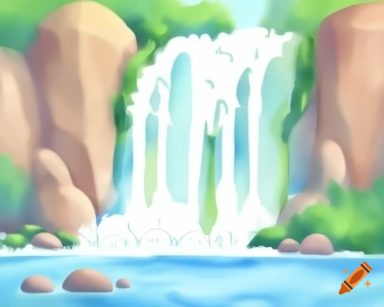 Bubbling brook cascading over stones in video game style