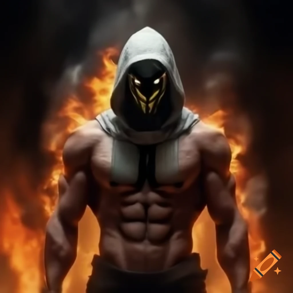 Muscular masked figure standing behind a burning datacenter indicating hacking incident