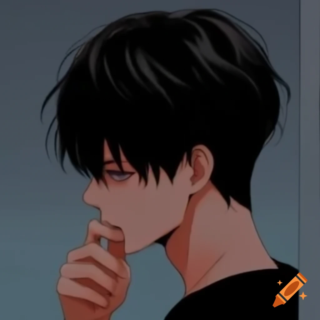 Black haired anime character looking over shoulder