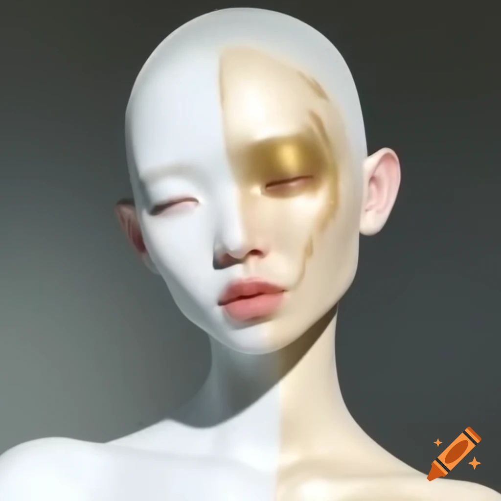 Ethereal portrait of surfer with porcelain skin and golden accents