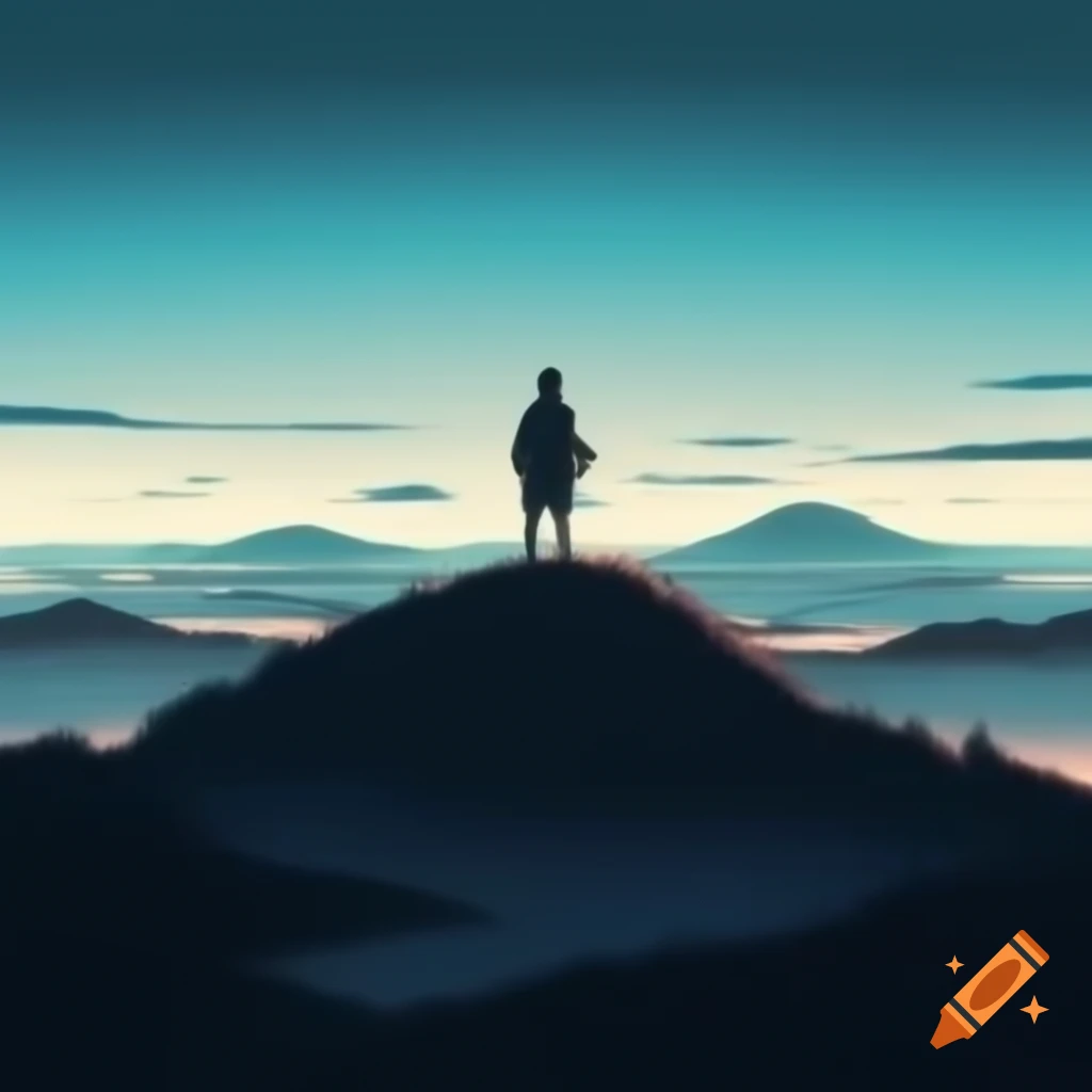 Traveler's shadow on hilltop against calm mysterious horizon in black and white