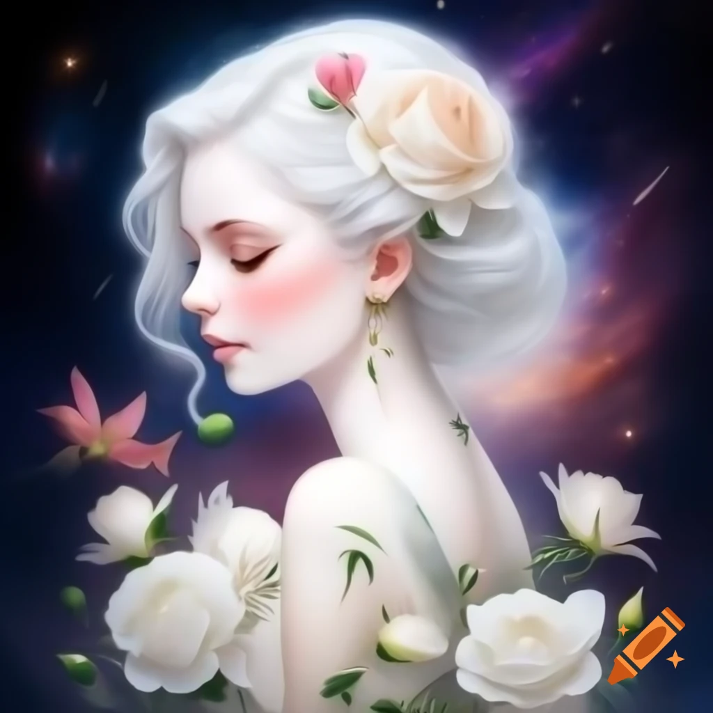 Enchantress portrait with roses and galaxy background, detailed illustration