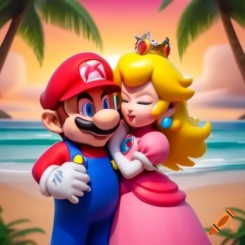 Realistic scene of Super Mario kissing Princess Peach at a beach during sunset