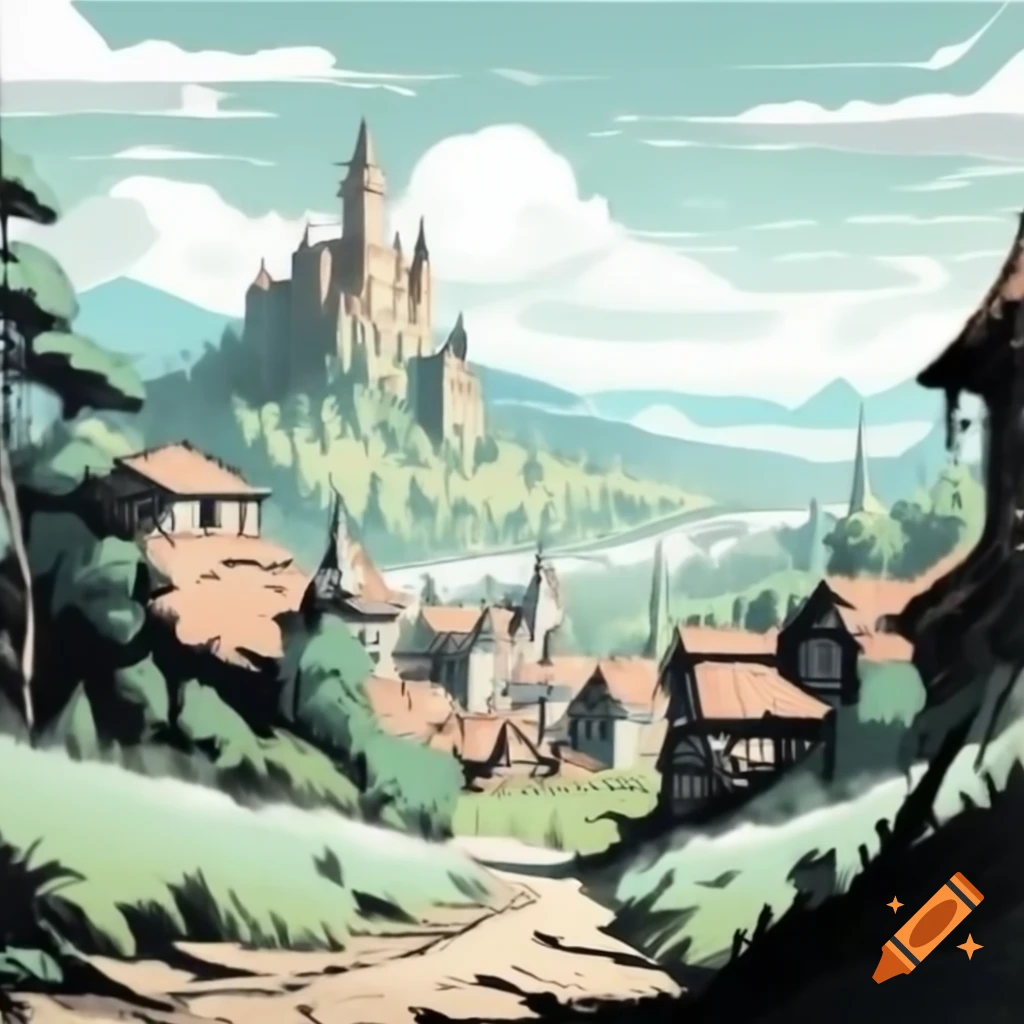 Ink sketch of medieval landscape with forest and town leading to a castle