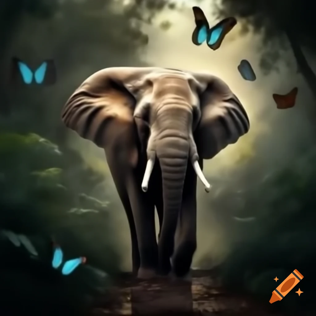 Surreal photo of an elephant in the forest surrounded by butterflies