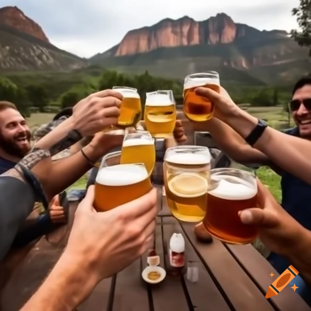 Group of people toasting pints of beer outdoors in Texas mountains