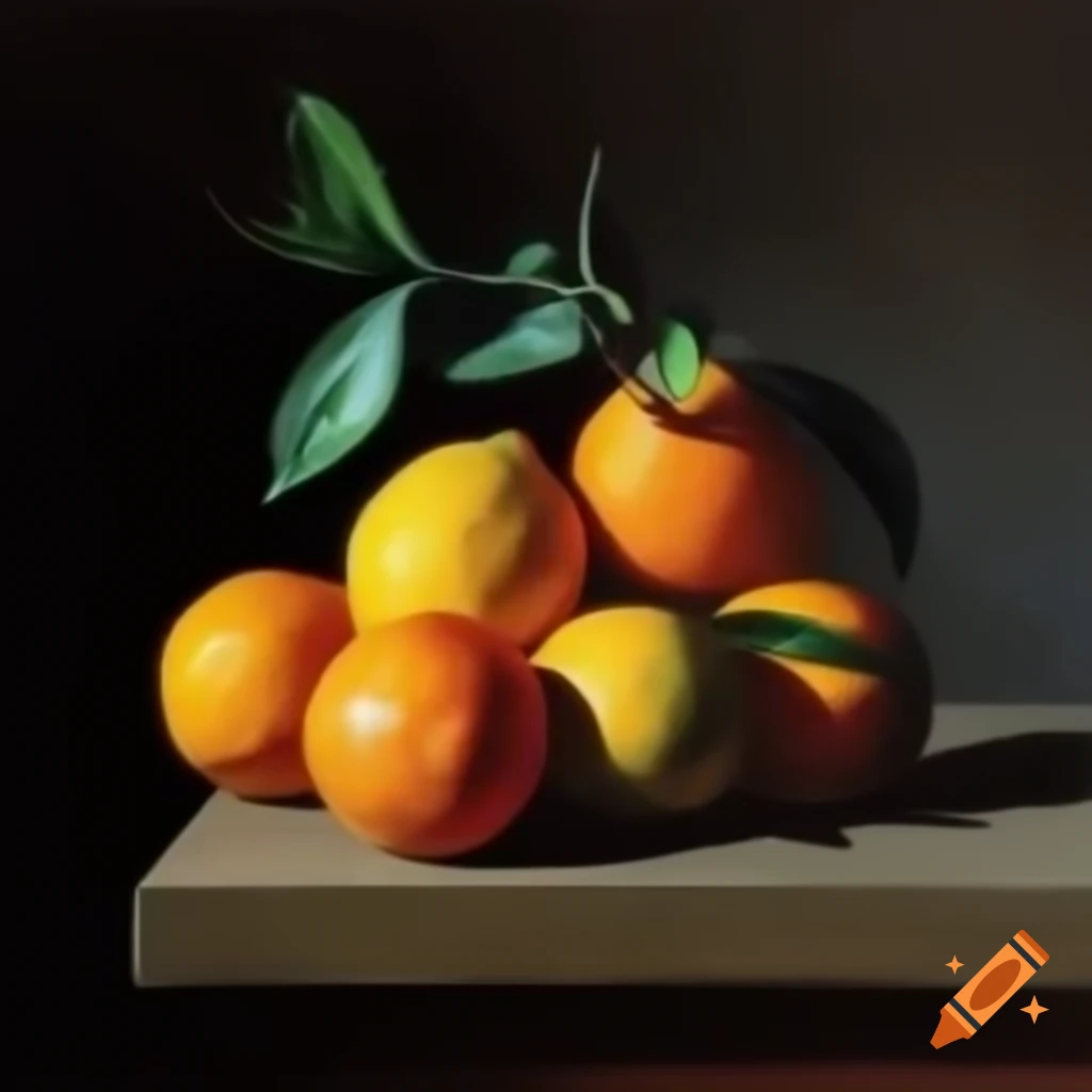 Still life painting of citrus fruits on dark canvas