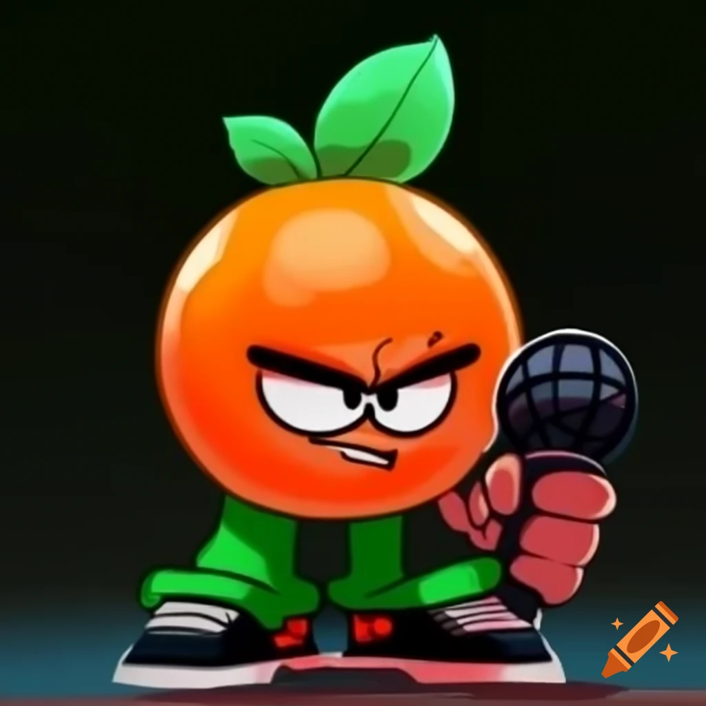 Friday Night Funkin character as orange fruit in green tuxedo and pants
