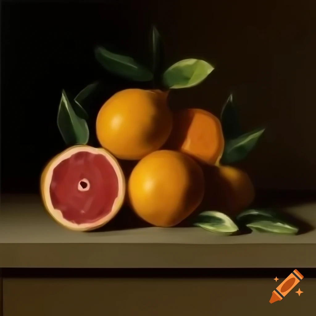 Still life painting of citrus fruits on dark canvas