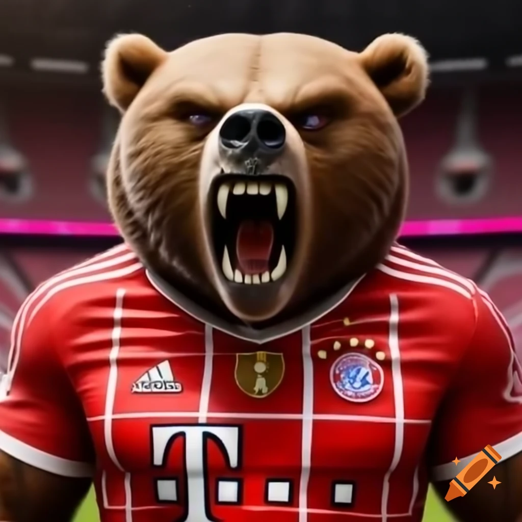 Realistic shot of mascot brown bear in FC Bayern München jersey at Allianz Arena