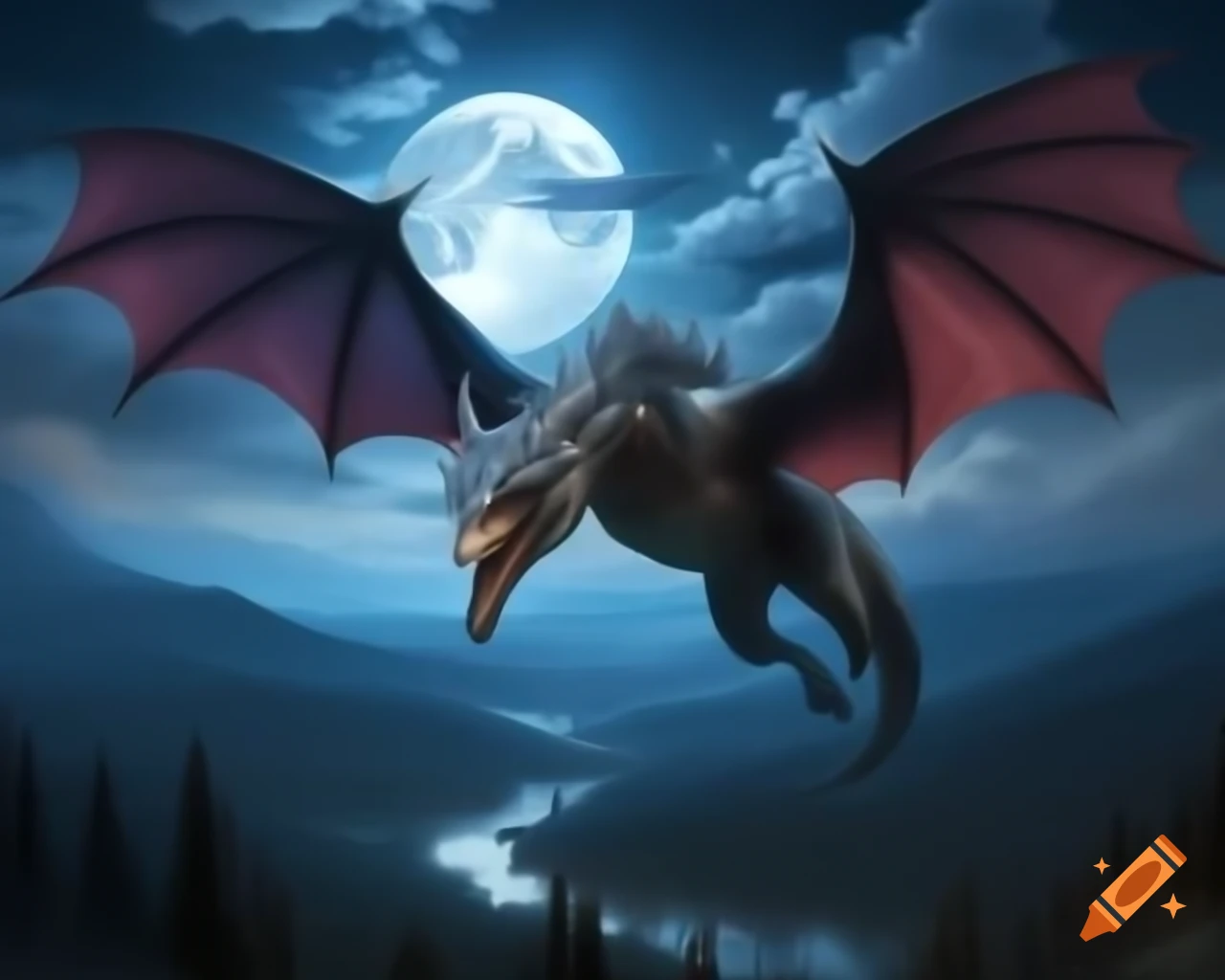 Detailed dragon flying in night sky before large full moon, shimmering scales and glowing eyes