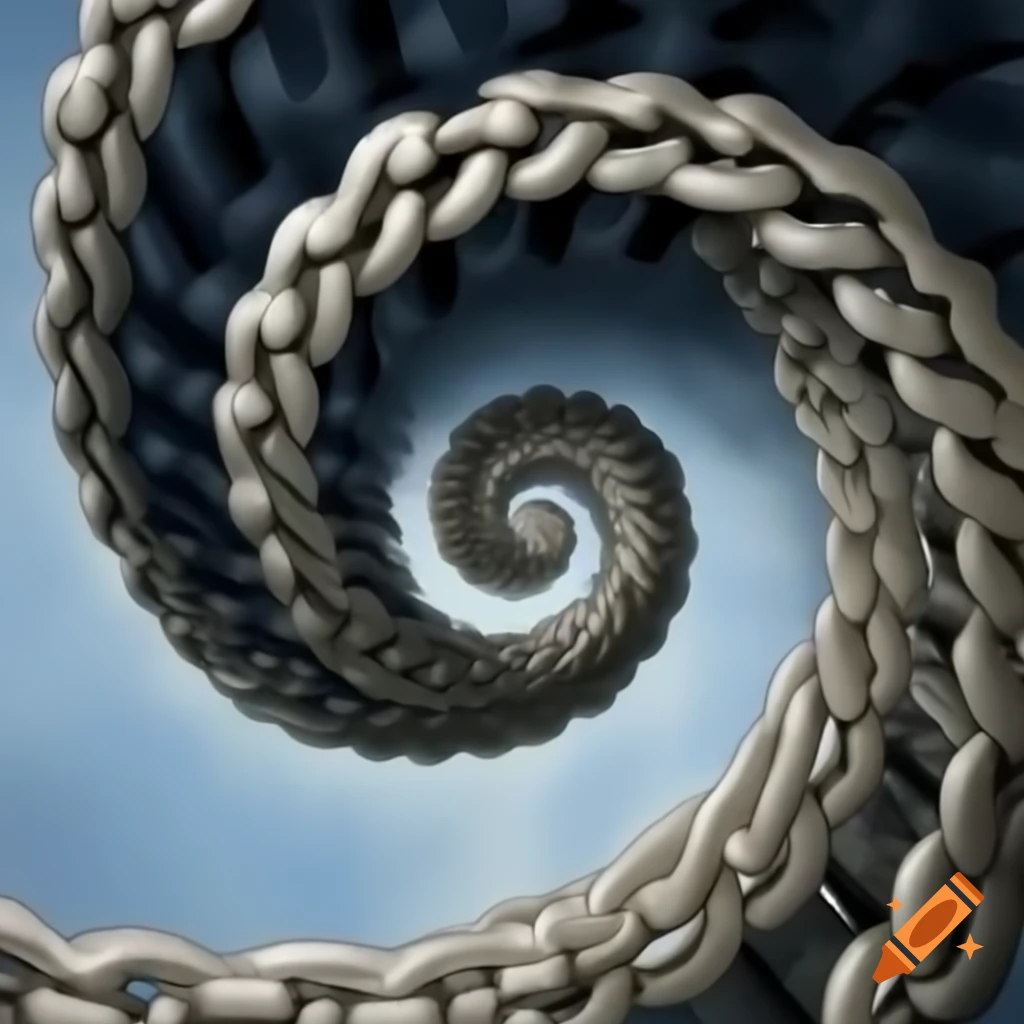 Surreal lithograph depicting a whirlwind of metal chainlink