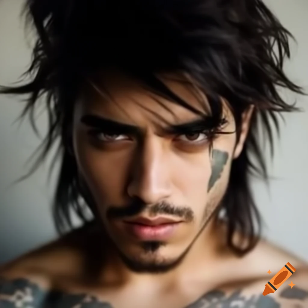 Hispanic male with shaggy mullet, tattoos, and sharp facial features