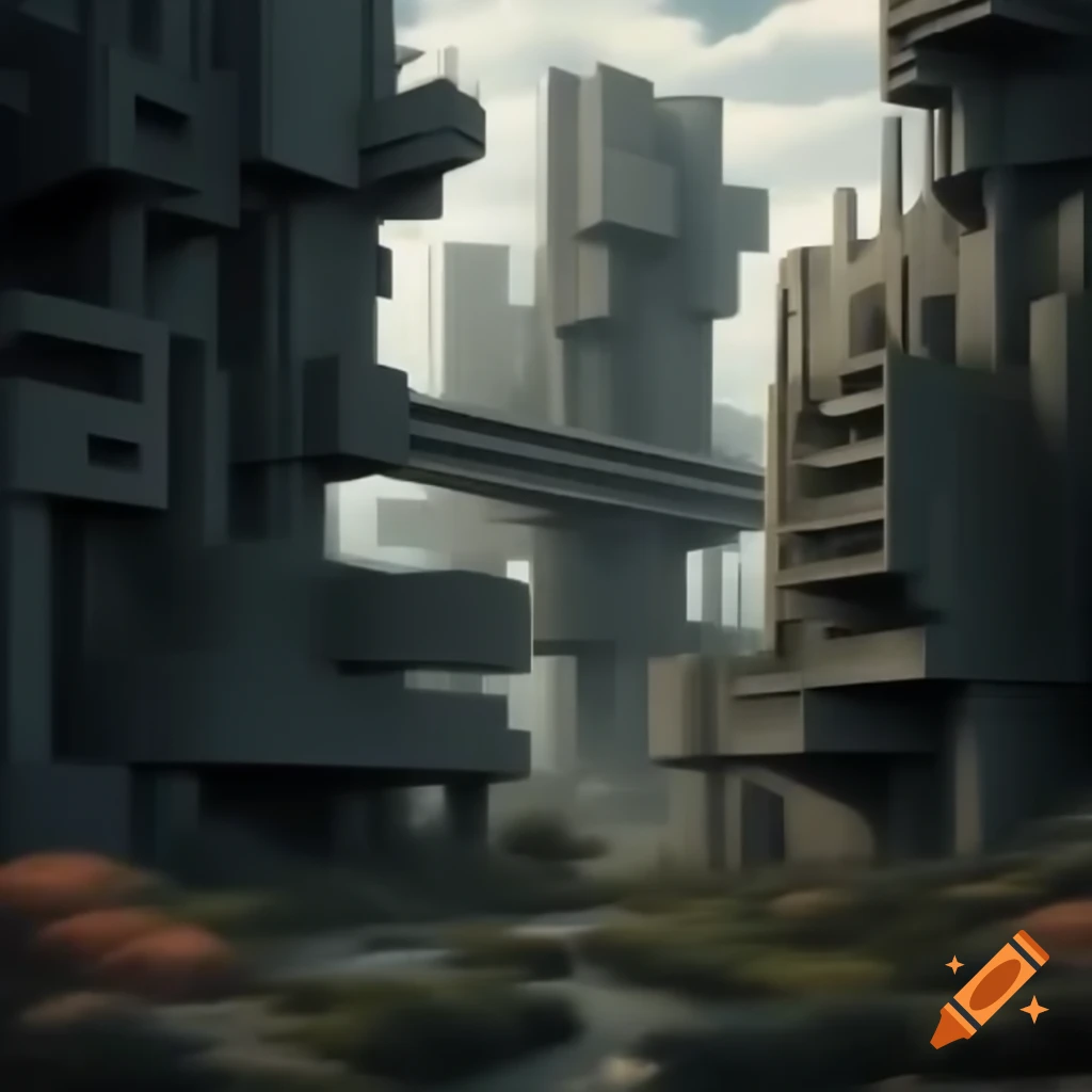 Surreal brutalist landscape with unique structures