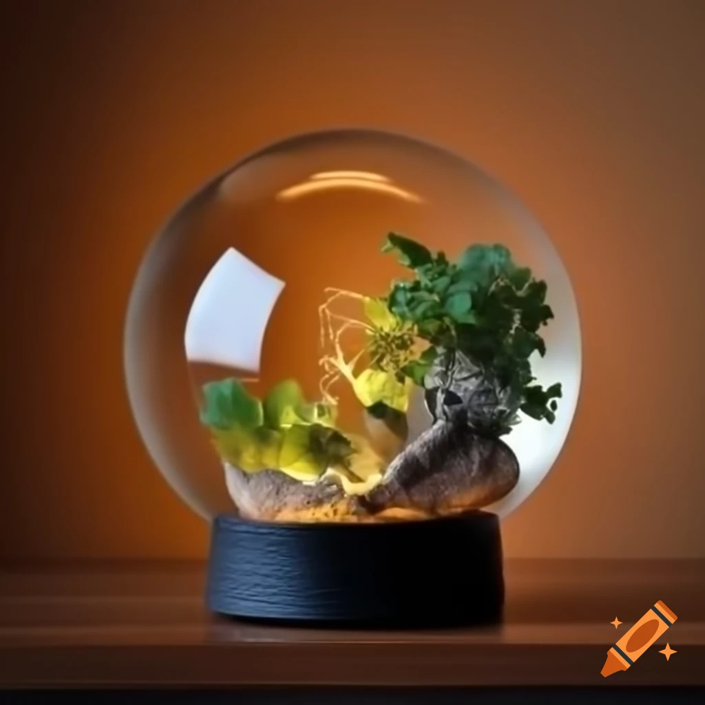 Glass sphere containing a plant sprout on a rock