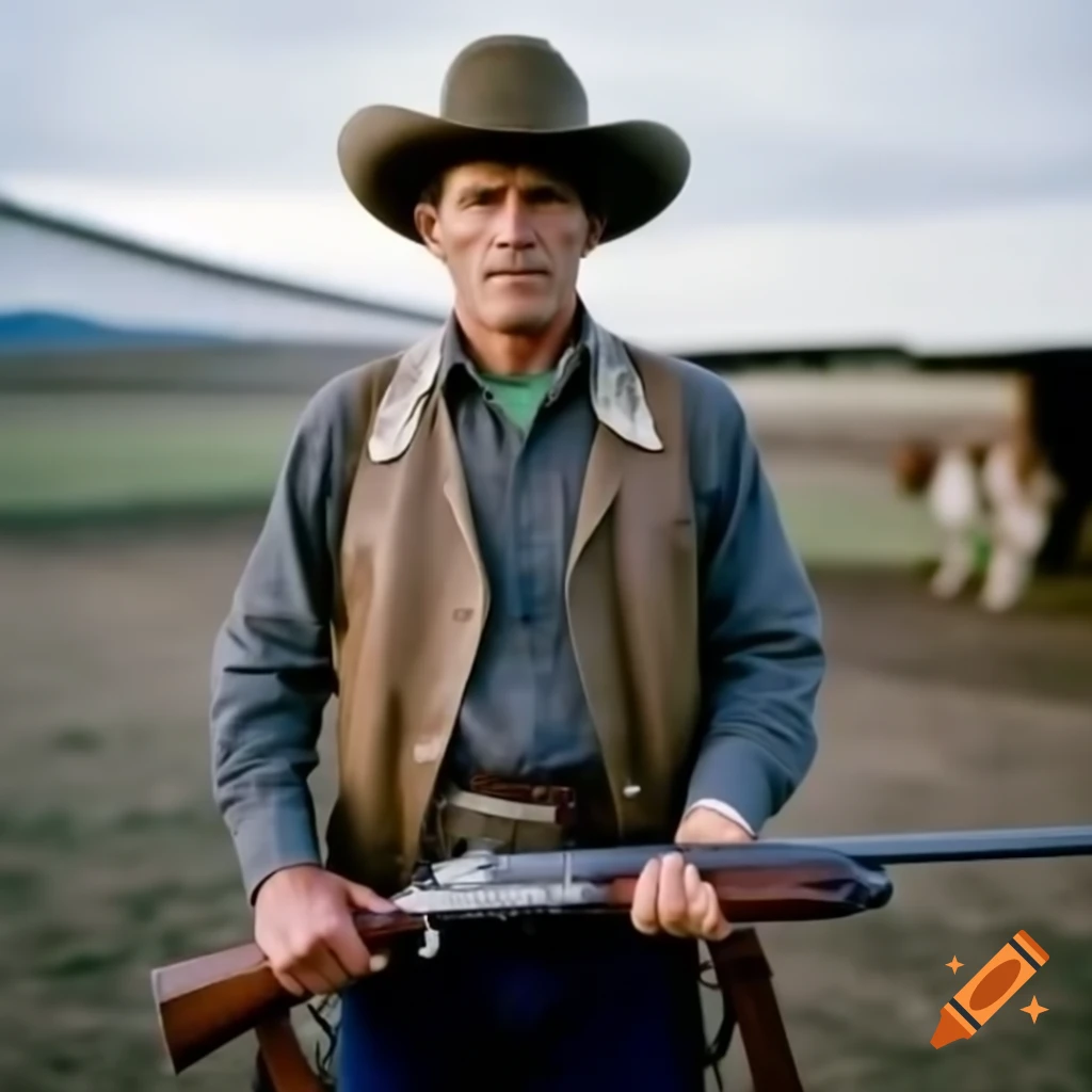 Rural Texan man in 60s on farm holding pump shotgun