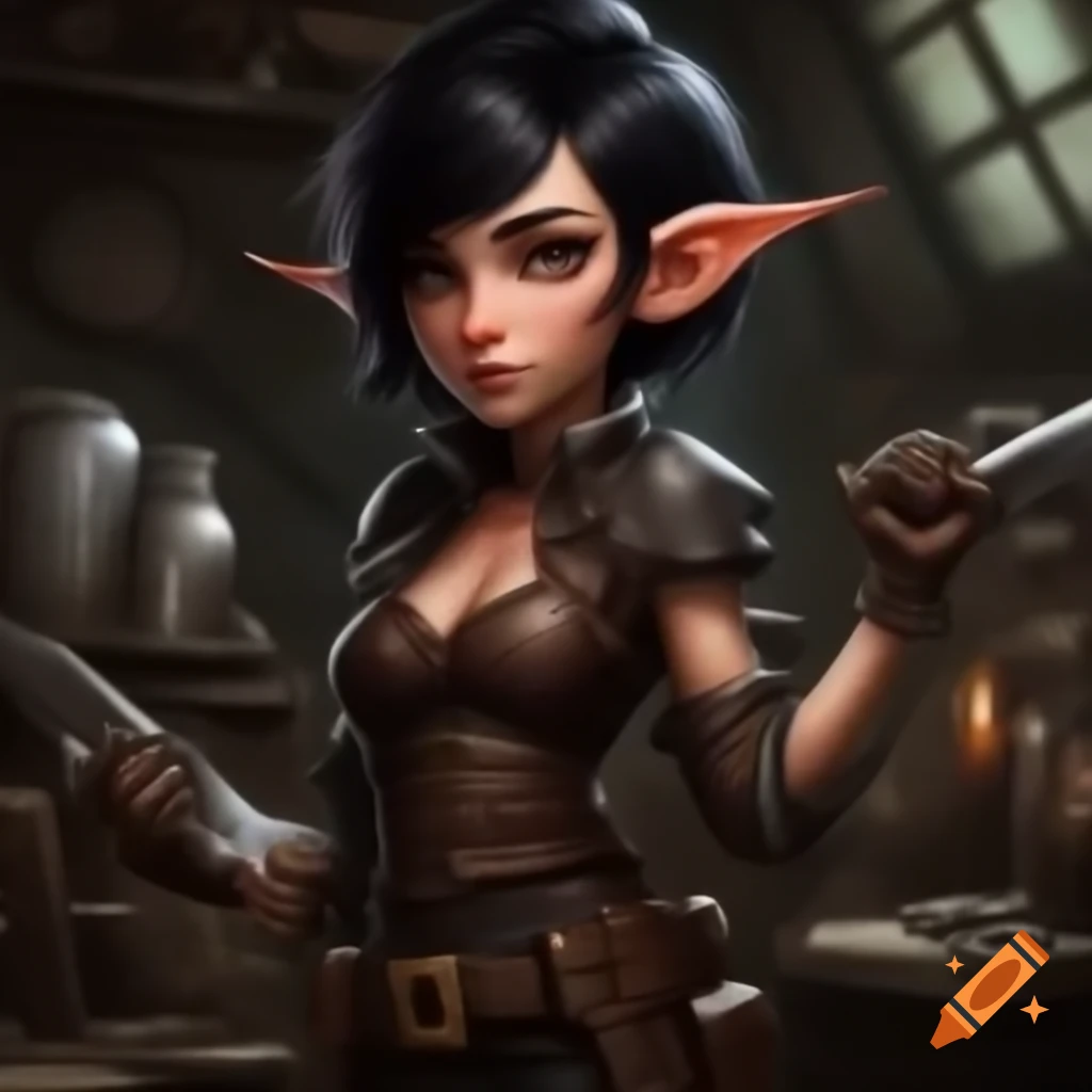D&D rock gnome rogue with daggers in steampunk workshop