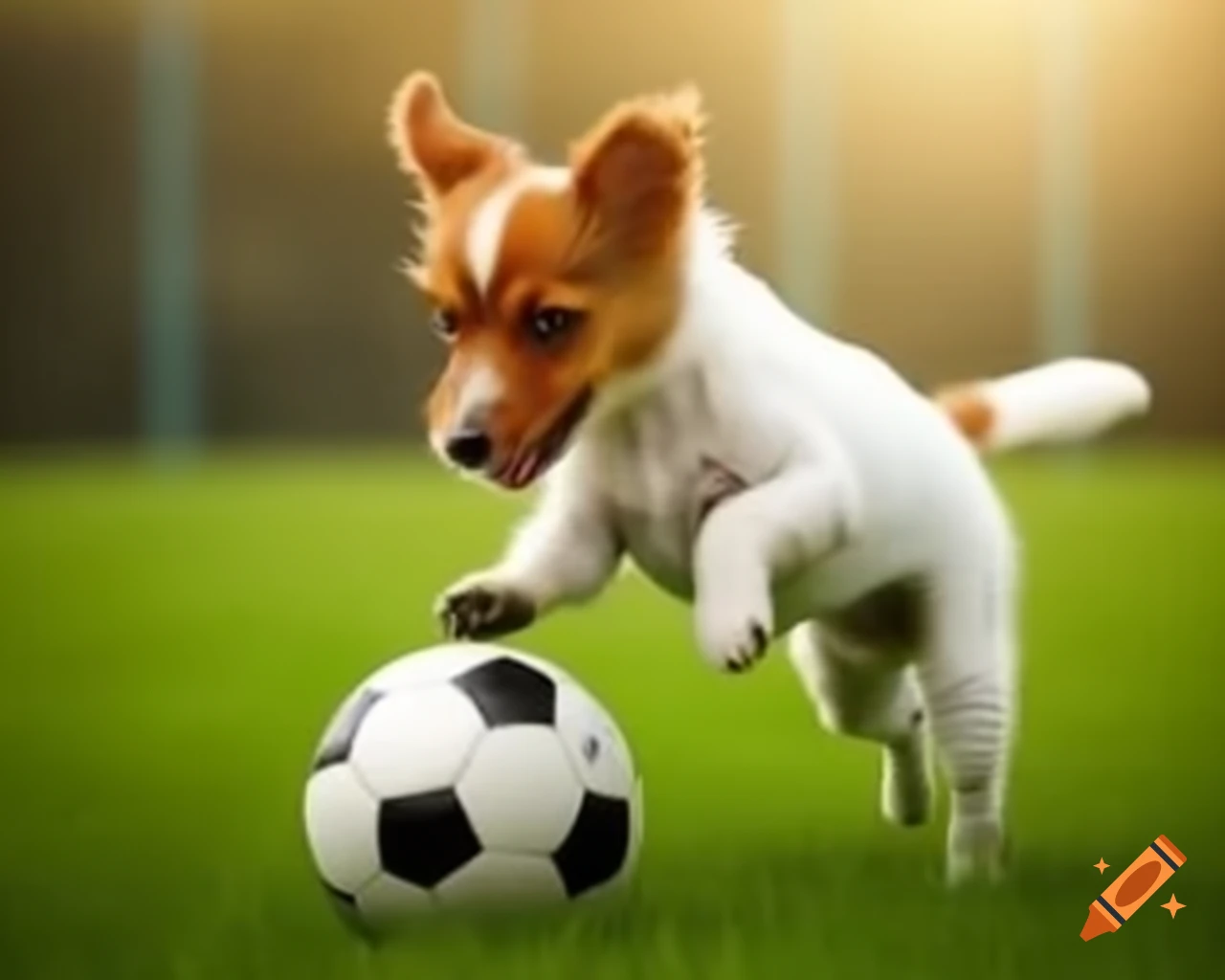 Dog playing soccer in an outdoor field
