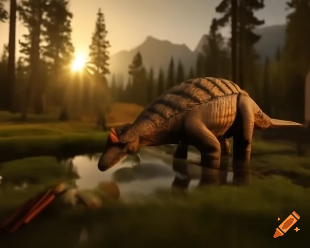 Cinnamon ankylosaurus drinking in pond under tree in British Columbia landscape